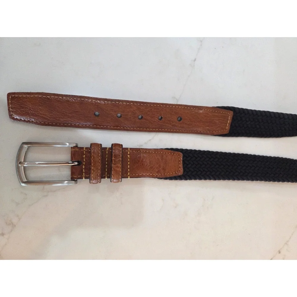 Torino Belt Size 44 Brown Black Braided Woven Leather Trim Made in USA Preppy